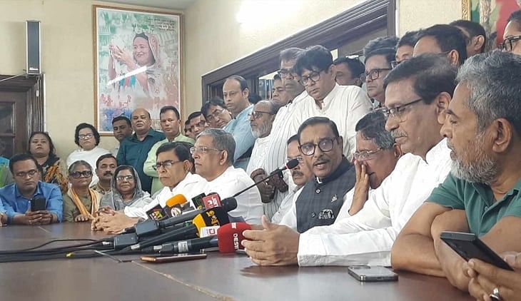 Awami League general secretary and road transport and bridges minister Obaidul Quader talks to the media